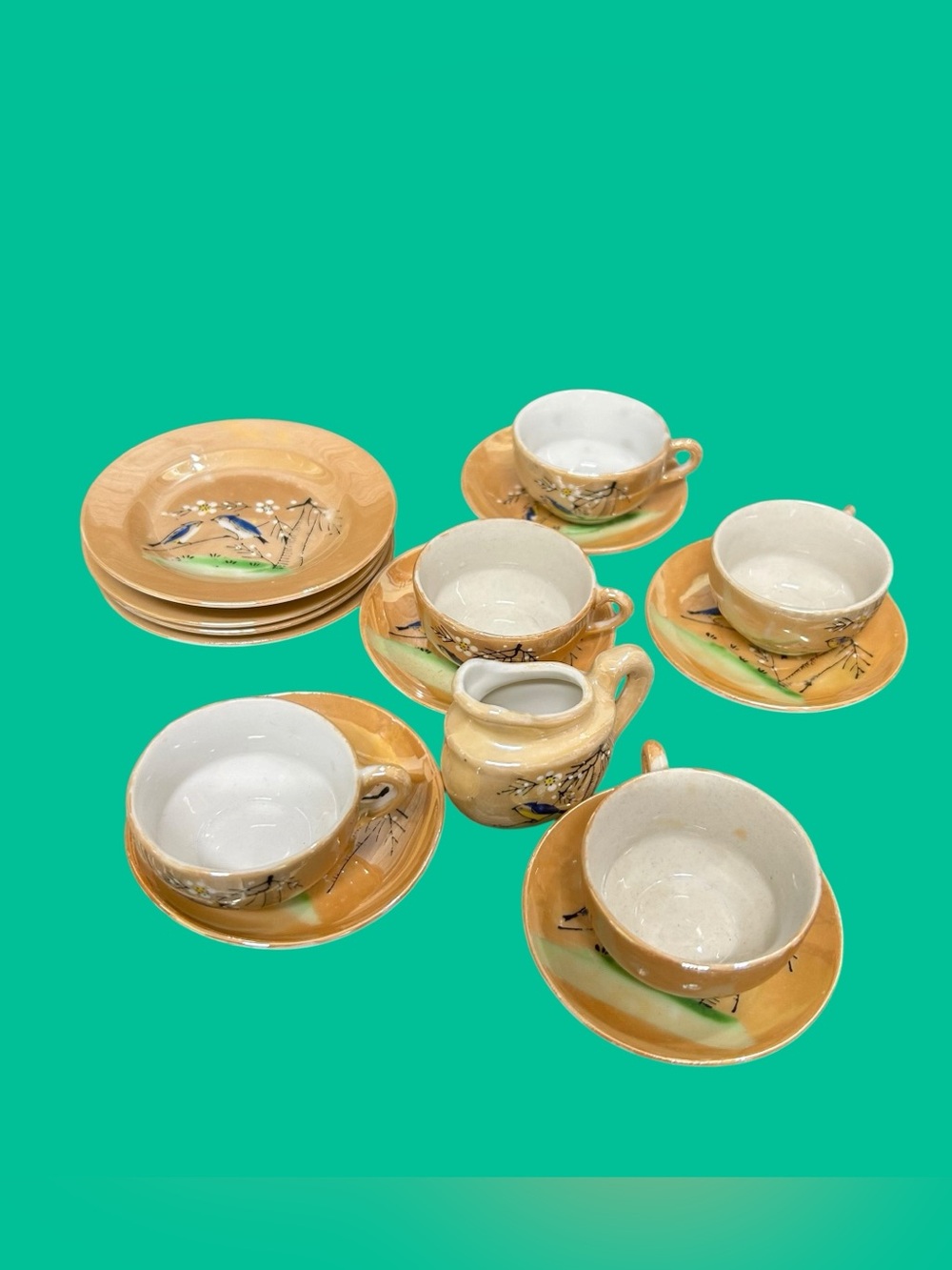 Vintage Peach Lustre Ware Bluebird Children's Tea Party Dish Set 16pc